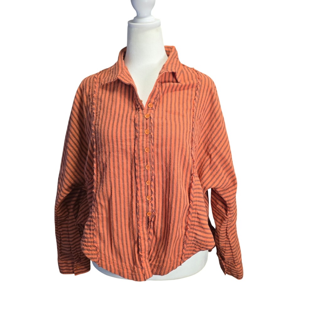 White Birch L Orange Brown Striped Cotton Linen Button Up Shirt‎ Boho Assymetric